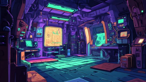 Futuristic control room with illuminated consoles and panels.