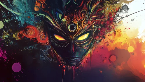 Central mask-like face emerges from dense abstract color fields