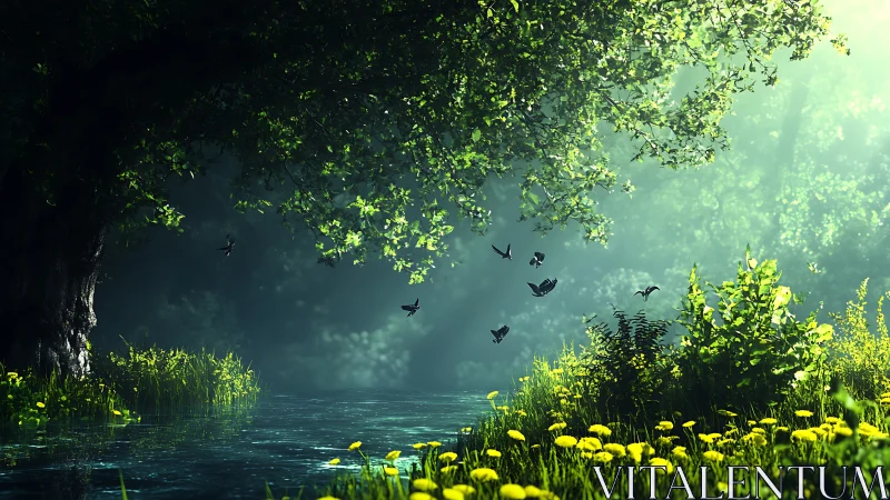 Radiant riverside grove with volumetric light and butterflies.