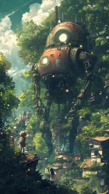 Forest children greet the wandering steampunk colossus robot