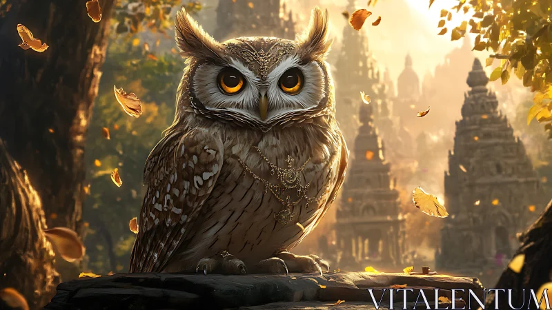 Majestic Owl with Jewelry in Mystical Ancient Temple Landscape.