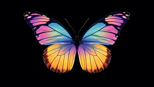 Symmetrical multicolor butterfly is rendered on black background