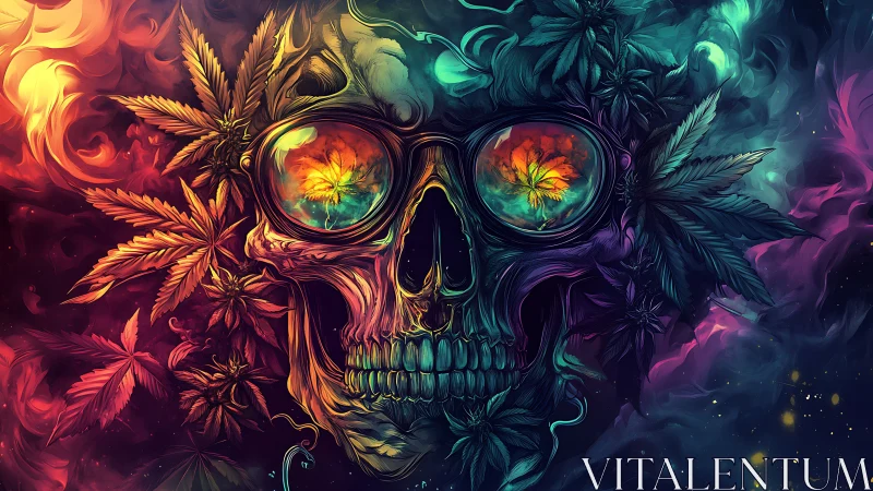 Psychedelic skull portrait with glowing cannabis reflections.