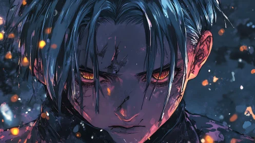 Close-up of intense anime character with glowing eyes.