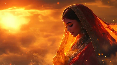 Sunset prayers weave embers around the veiled bride