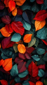 Overlapping multicolored leaves in dense patterned arrangement.