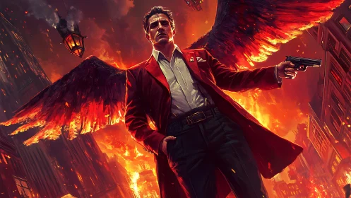 Winged antihero strides through a burning urban inferno