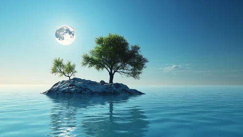 Tranquil Island Escape: Solitary Trees Meet Serene Waters