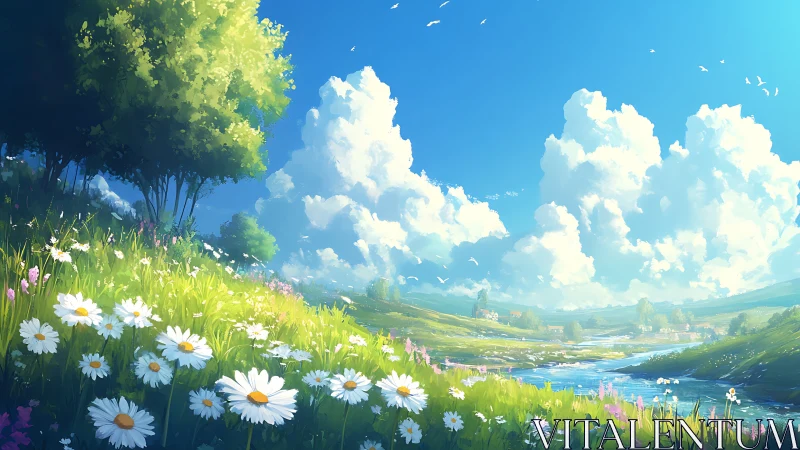 Sunlit river valley cuts through wildflower meadow landscape