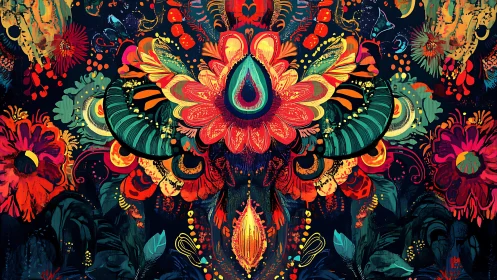 Torchlit jungle mask blooms in neon floral fever dream.