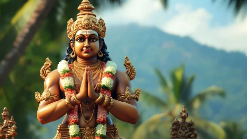 Golden Hindu deity statue radiates serenity in tropical shrine