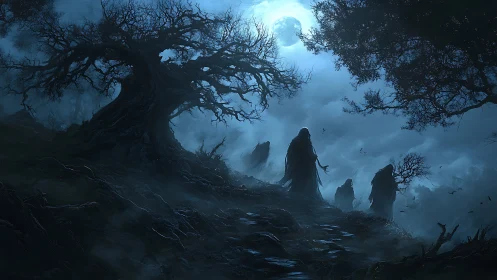 Moon-drowned wraiths climbing the crooked graveyard path.