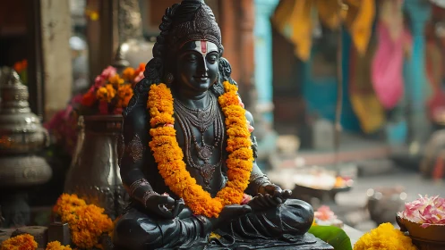 Black stone deity statue with marigold garlands in shrine.