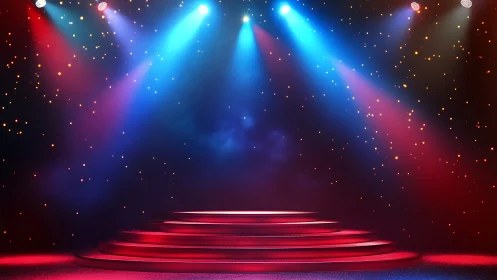 Glowing red stage steps under colorful concert lights.
