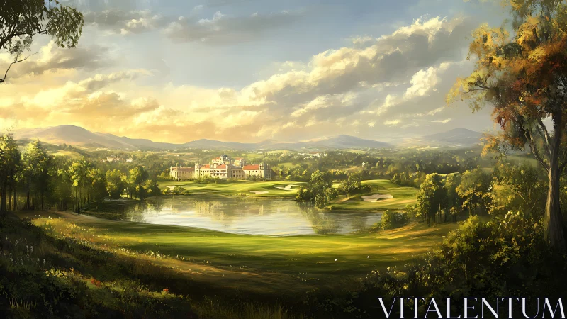 Sunlit golf kingdom lounges beside a mirror-still lake