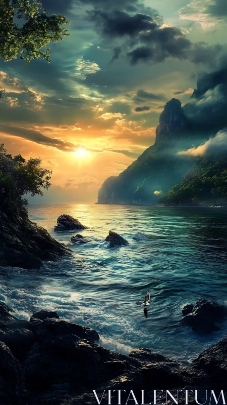 Sunset light over misty coastal cliffs and calm bay.