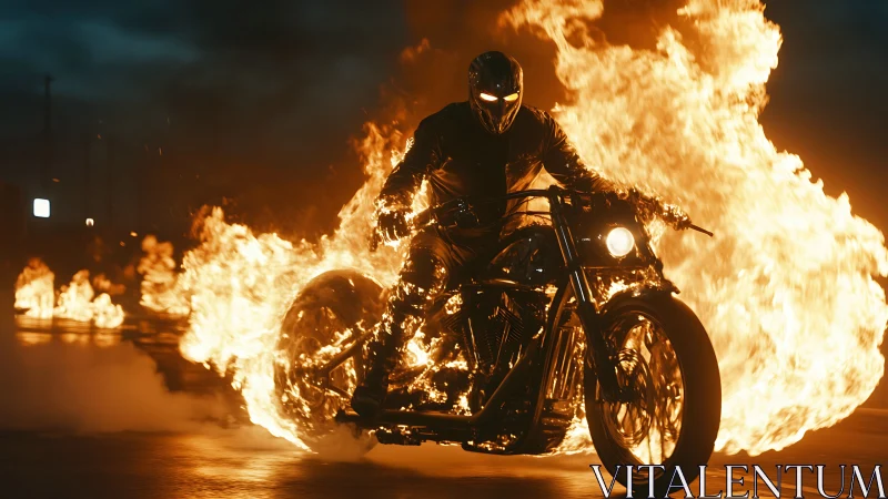 Flaming night rider blazing through a storm of sparks.