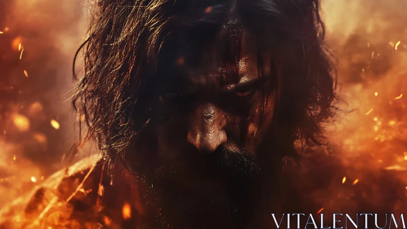 Brooding warrior crowned in embers and storm-dark fury.