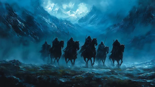 Mounted figures crossing misty valley toward icy peaks.