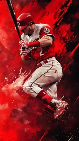 Dynamic red-saturated baseball batter suspended in motion.