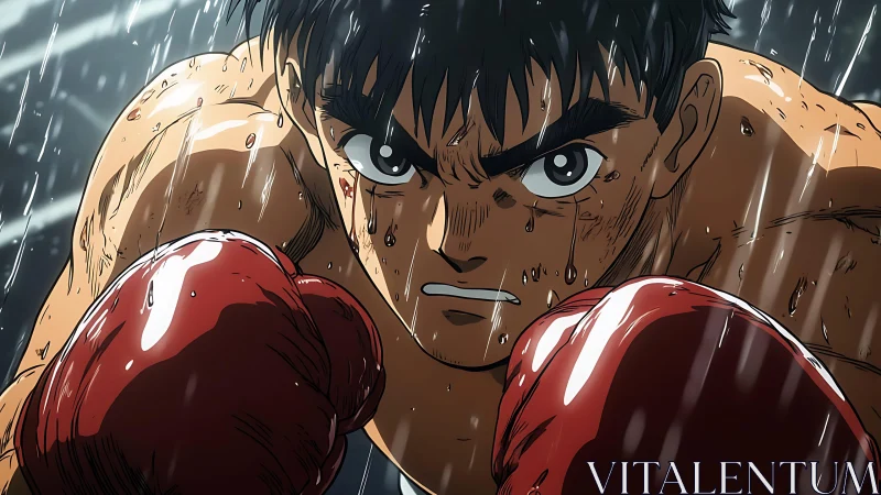 Rain-Soaked Boxer in Red Gloves Confronts Camera.