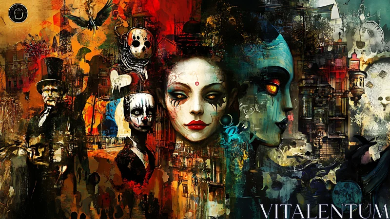 Dreamlike carnival faces drifting through a vivid urban night.