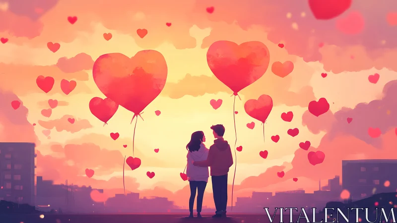Two Figures Beneath Heart-Shaped Balloons in Ethereal Sunset.