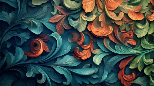 Flourishing abstract foliage unfolds in rich teal and ember tones