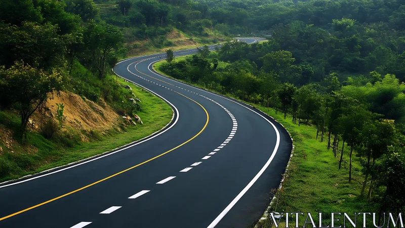 Curving asphalt roadway through dense green hillside landscape.