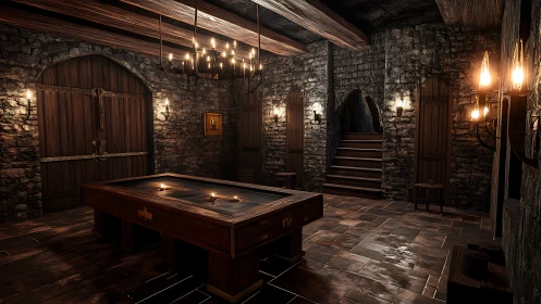 Candlelit stone billiard hall hums with medieval game-night hush