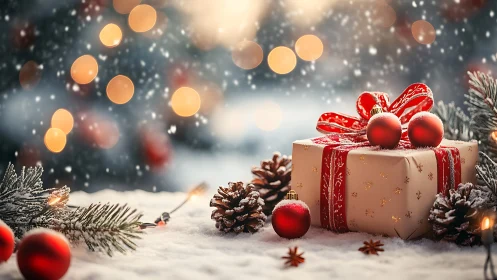 Snowy Christmas gift glows softly with cozy holiday warmth