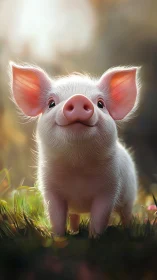 Smiling piglet portrait in soft golden meadow light.