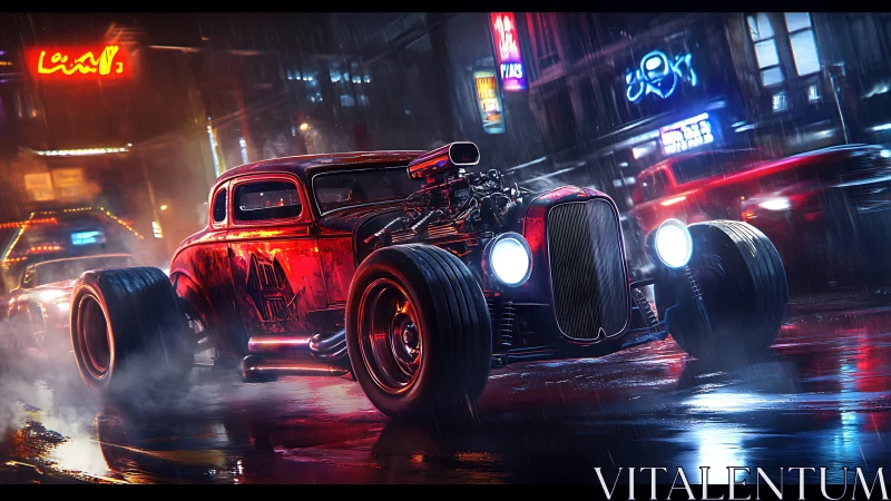 Neon night hot rod roaring through rain-slick city streets.