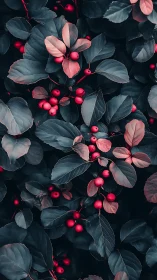 Dark foliage and red berries form dense vertical plant coverage