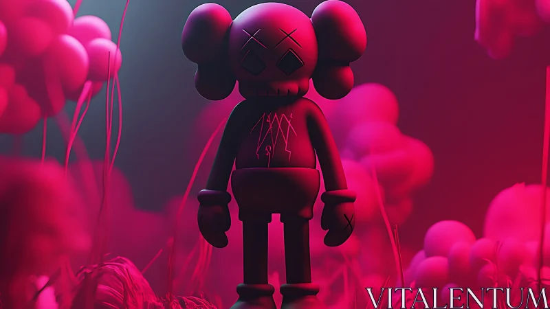 Pink 3D toy figure in surreal glowing balloon field.