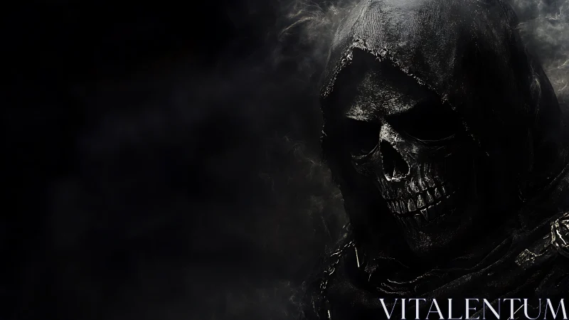 Hooded skeletal reaper rendered in high-contrast digital chiaroscuro