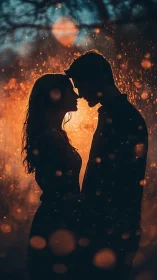 Silhouetted couple with golden bokeh particles, warm backlighting atmospheric effect