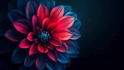 Neon Dahlia Bloom Against Deep Blue Gradient.
