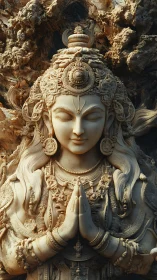 Intricate stone sculpture shows serene deity in prayer