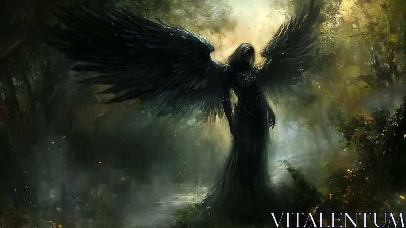 Dark-winged humanoid figure dominates misty backlit forest clearing
