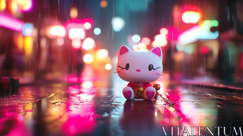 Neon lit rainy street with kawaii cat figure and bokeh lights