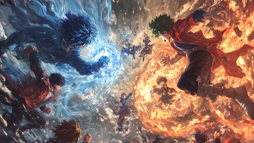 Epic anime duel with blue ice and orange fire powers.