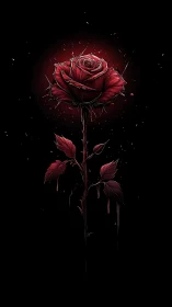 Crimson thorned rose drifting in darkness and quiet fire.