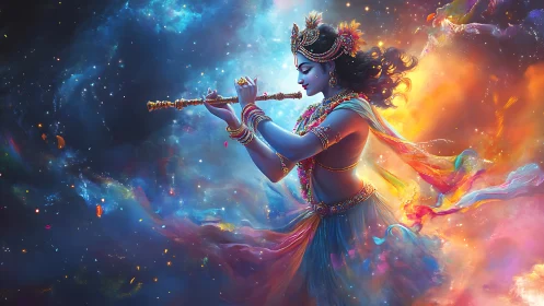Cosmic flute performer amid nebular chromatic turbulence.