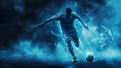Soccer player in dynamic blue smoke digital composition.