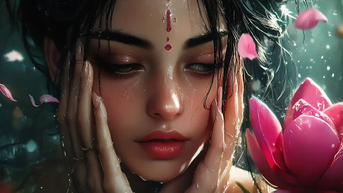 Lotus-drenched daydreamer in rainfall-kissed reverie.