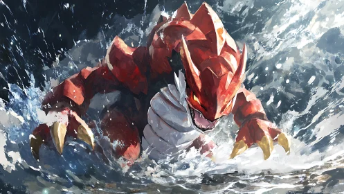 Crimson sea titan shatters storm waves with molten fury