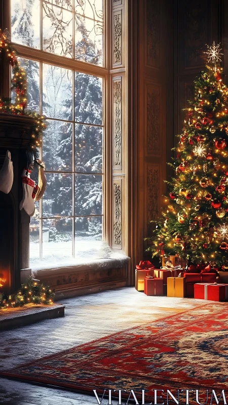 Golden holiday glow beside a snowy windowed winter view.