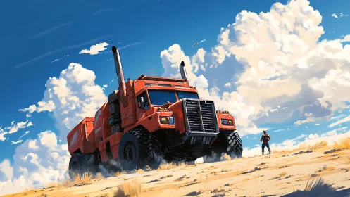 Desert titan truck rolls forward beneath towering clouds