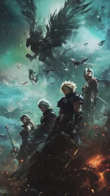 Warriors confront shadow dragon amid teal storm skies.